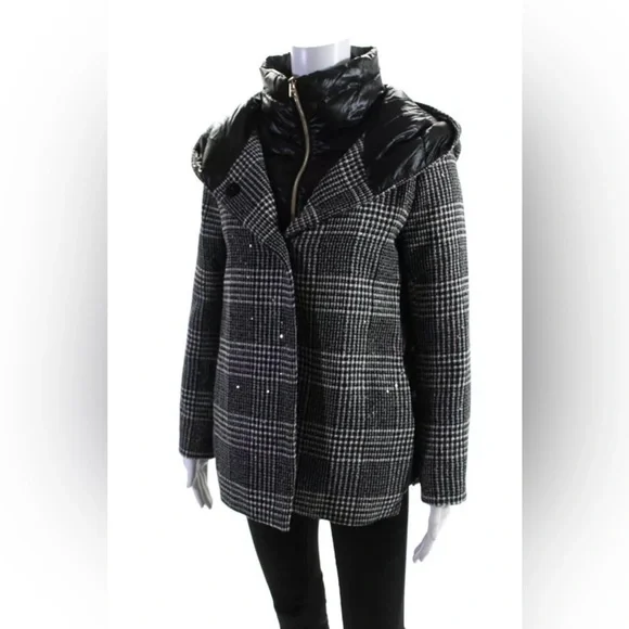 Herno Women’s Button Zip Front Glen Plaid Down Quilted Jacket Black White IT 46 - Picture 1 of 16
